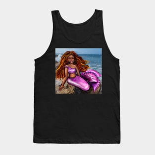 Mermaid with red braids relaxing on the rocks  with brown eyes, flowing Afro hair and caramel brown skin Tank Top